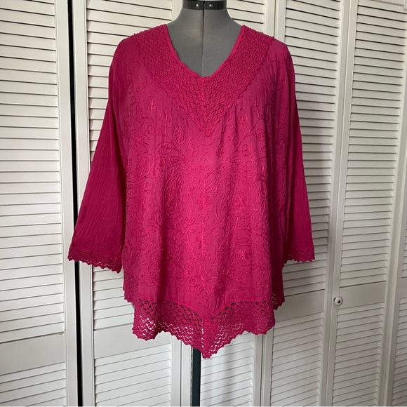 Pink Cotton Mexican embroidered crochet lace trim tunic L - Picture 4 of 7